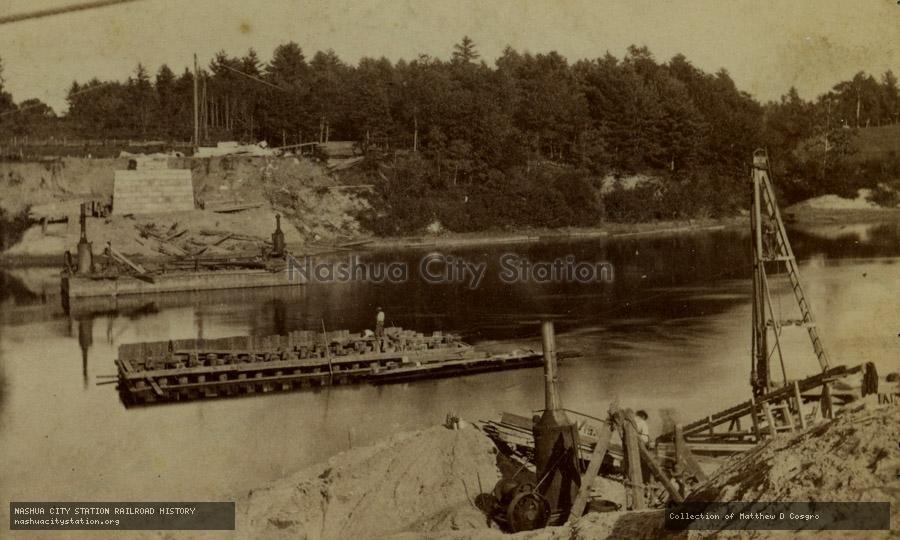 Stereoview: Bridging the Merrimack by the Nashua & Rochester Railroad, Nashua, New Hampshire